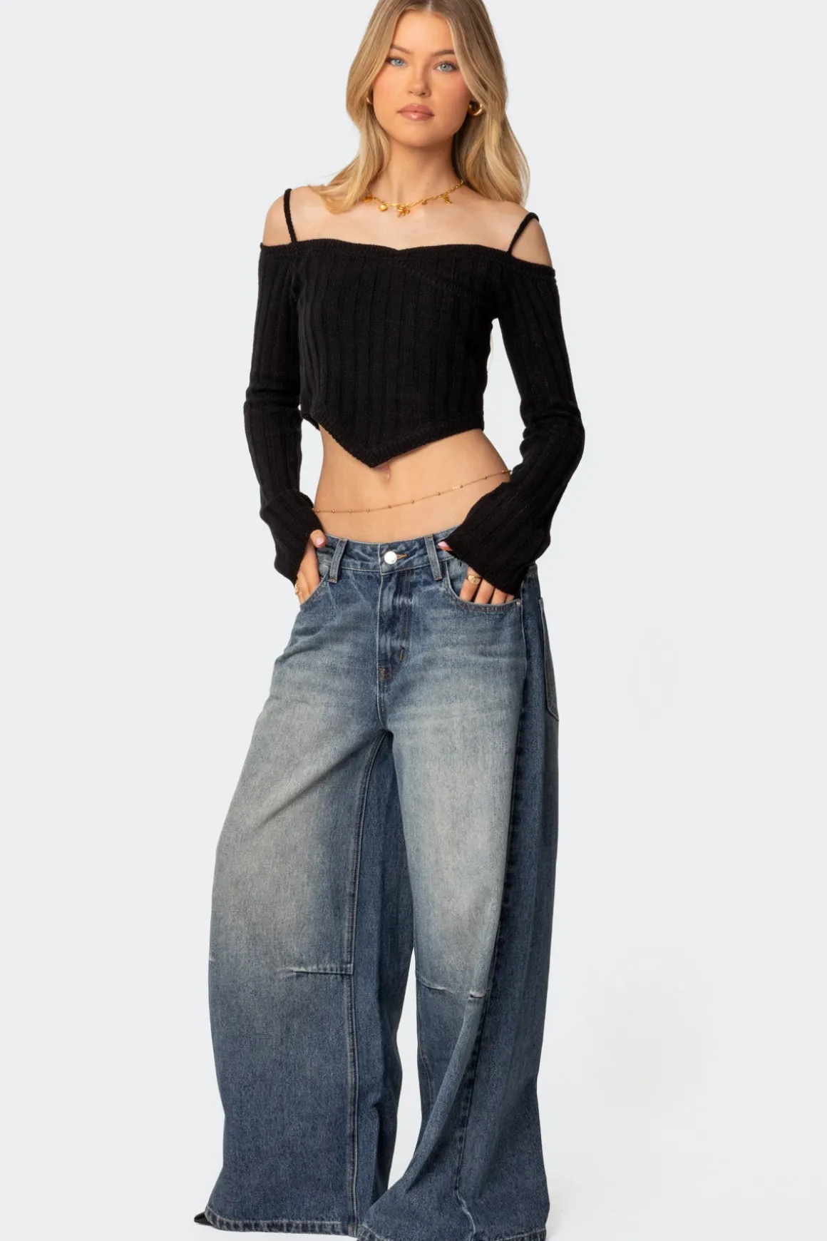 Triangle Hem Off Shoulder Sweater