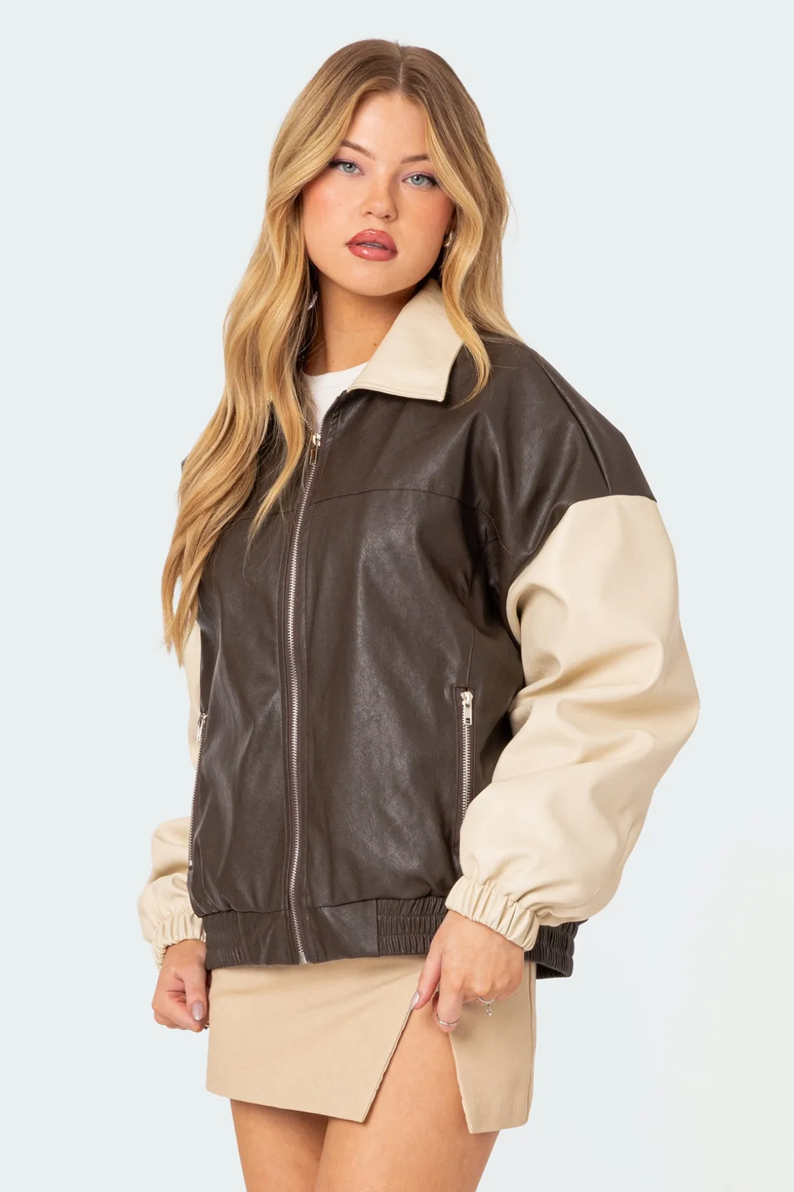 Two Tone Faux Leather Bomber Jacket