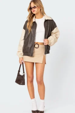 Two Tone Faux Leather Bomber Jacket