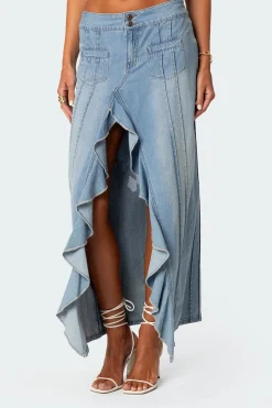 Valencia Ruffle Slitted Denim Maxi Skirt