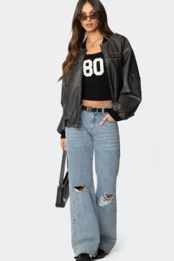 Vava Washed Faux Leather Bomber Jacket