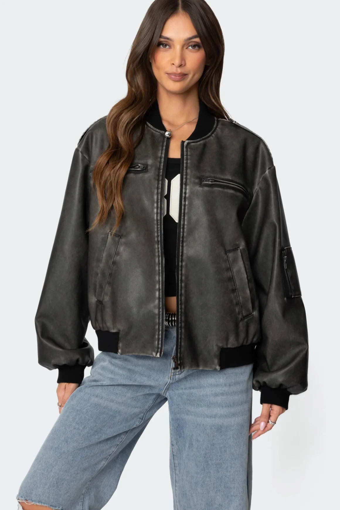Vava Washed Faux Leather Bomber Jacket