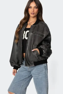 Vava Washed Faux Leather Bomber Jacket