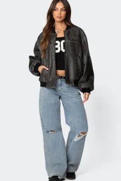 Vava Washed Faux Leather Bomber Jacket