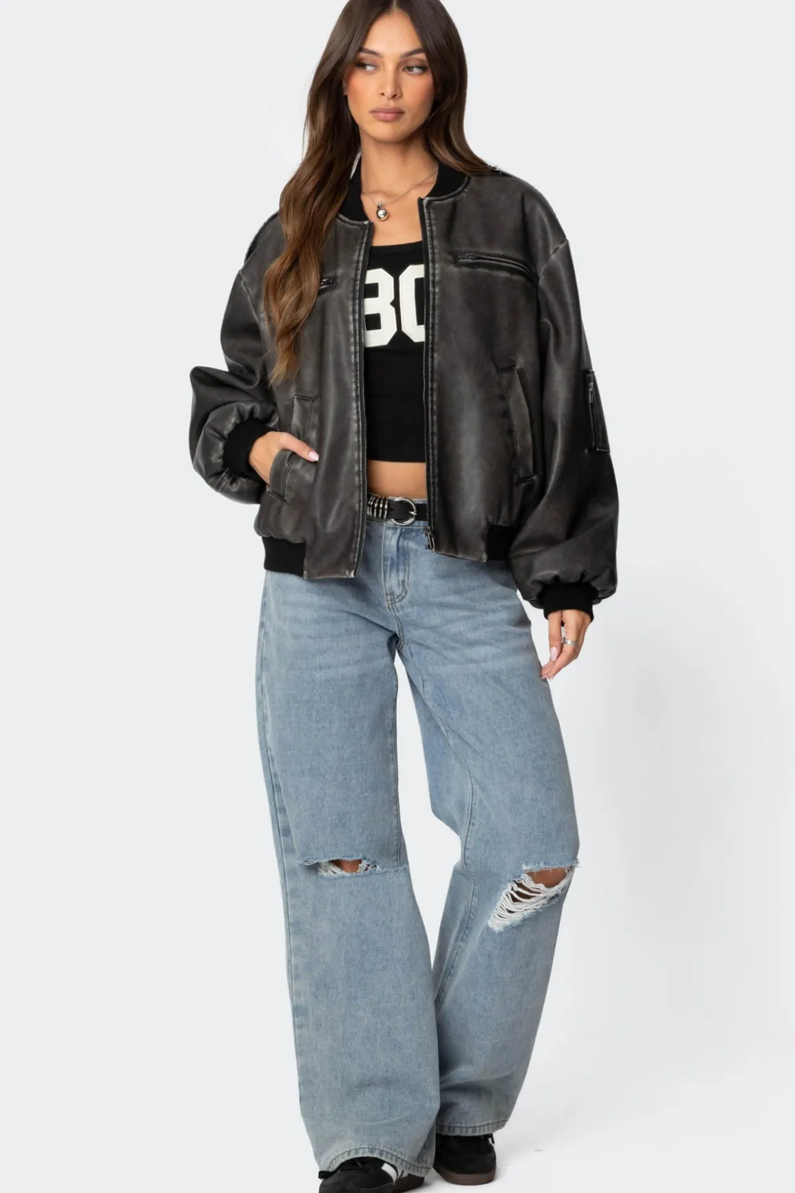 Vava Washed Faux Leather Bomber Jacket