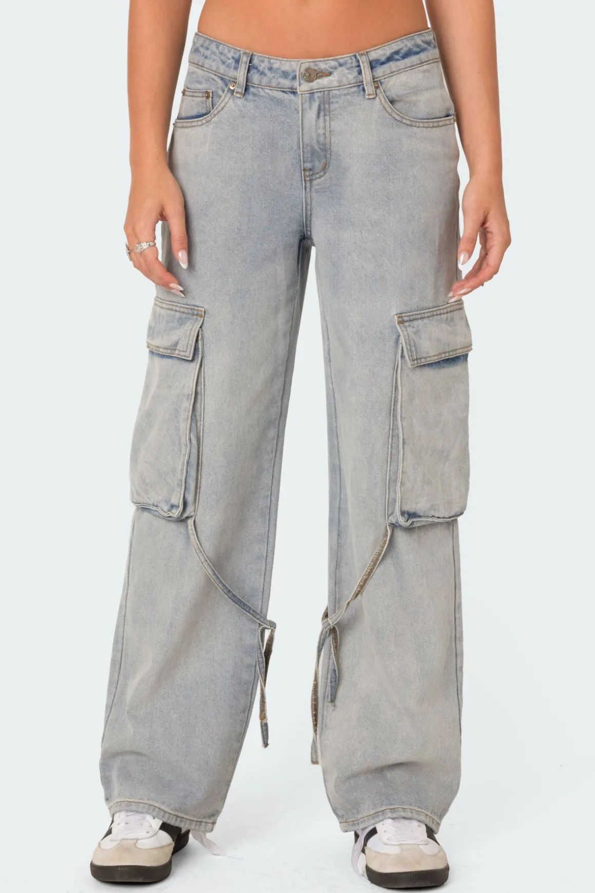 Via Low Rise Washed Denim Cargo Pants