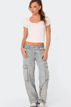 Via Low Rise Washed Denim Cargo Pants