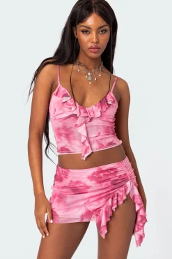 Wanda Printed Mesh Ruffled Tank Top