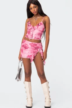 Wanda Printed Mesh Ruffled Tank Top