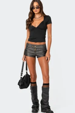 Washed Faux Leather Micro Cargo Shorts