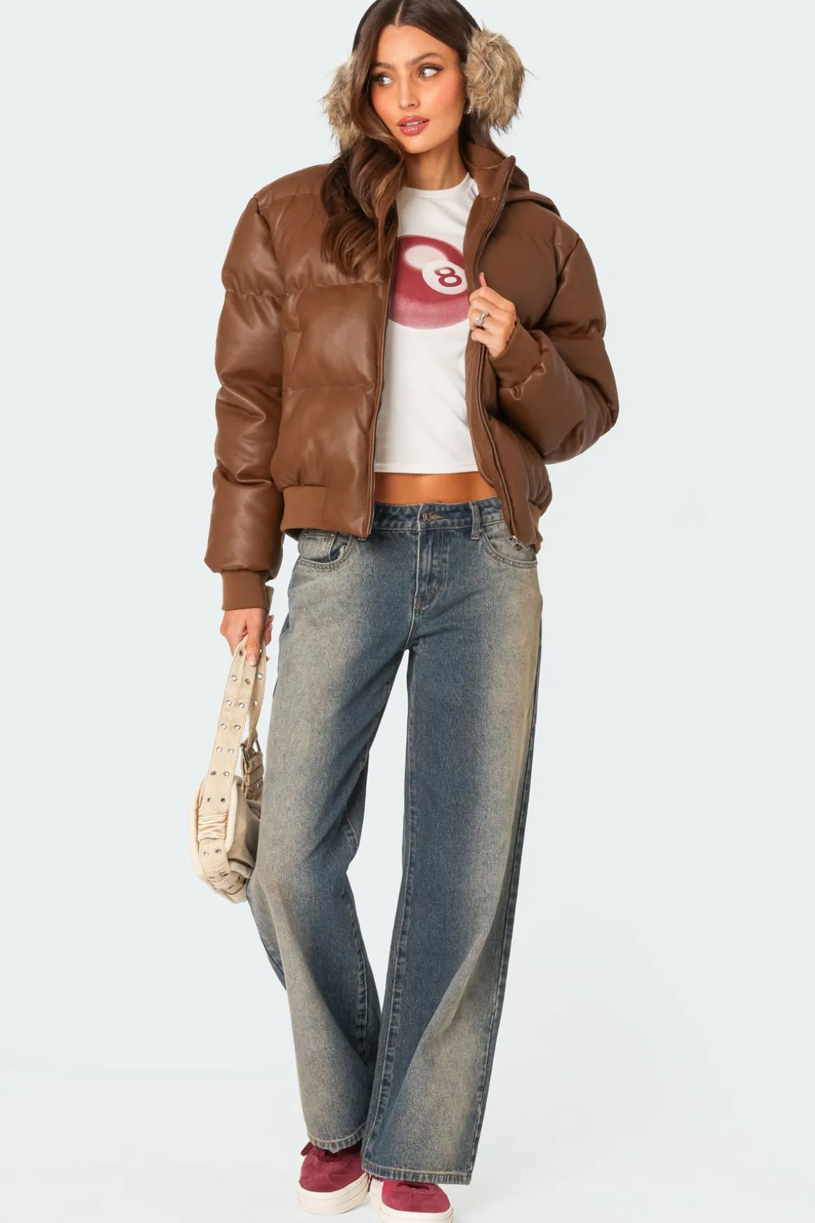 Wintry Faux Leather Hooded Puffer